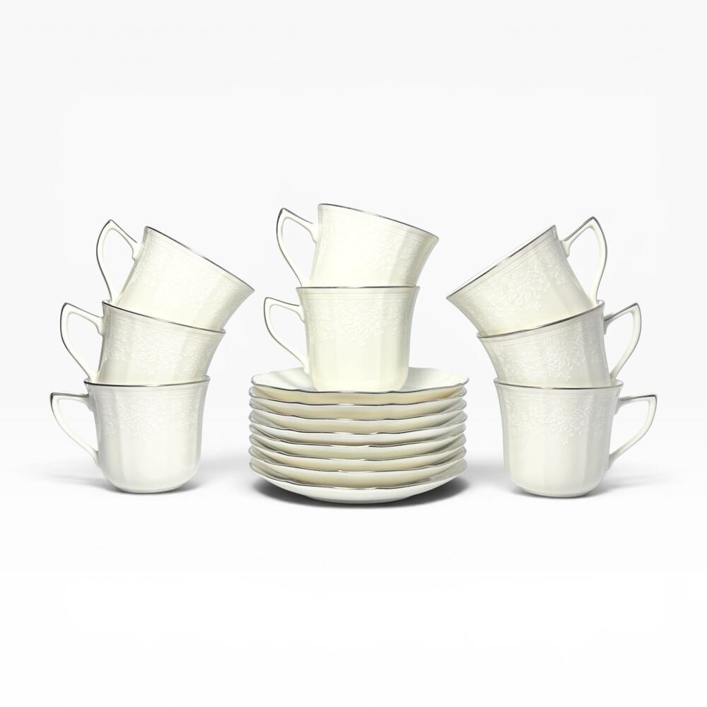 Noritake “Chandon, Platinum” Set of 8 Bone China Teacups 3” 8oz & Saucers 6”